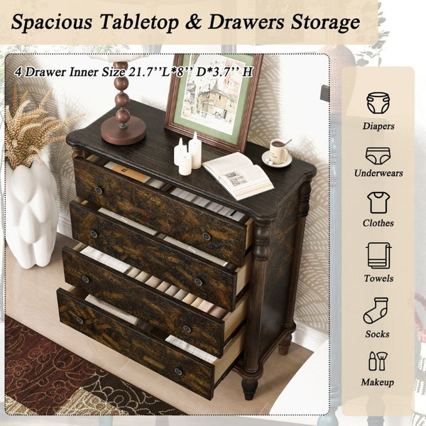 English Elm Farmhouse Four Drawer Chest with Pine Legs Oak Veneer Top Narrow Bedroom Storage Espresso W1202P484711