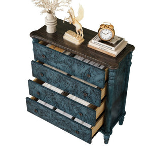 English Elm Farmhouse Four Drawer Chest with Pine Legs Oak Veneer Top Narrow Bedroom Storage Navy Blue W1202P484712