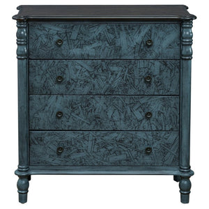English Elm Farmhouse Four Drawer Chest with Pine Legs Oak Veneer Top Narrow Bedroom Storage Navy Blue W1202P484712
