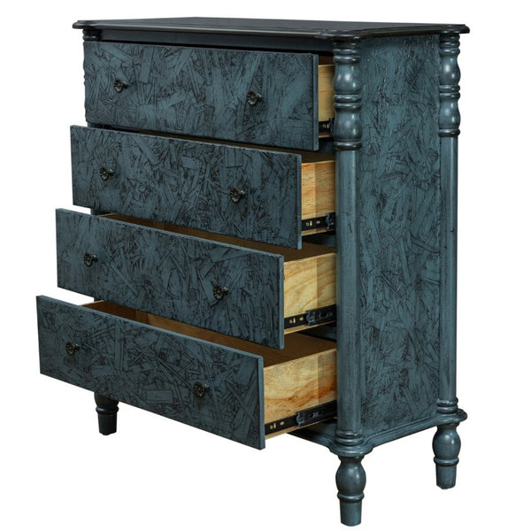 English Elm Farmhouse Four Drawer Chest with Pine Legs Oak Veneer Top Narrow Bedroom Storage Navy Blue W1202P484712