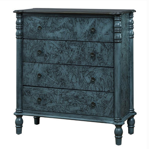 English Elm Farmhouse Four Drawer Chest with Pine Legs Oak Veneer Top Narrow Bedroom Storage Navy Blue W1202P484712