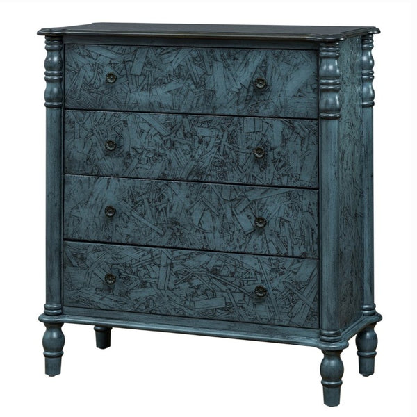 English Elm Farmhouse Four Drawer Chest with Pine Legs Oak Veneer Top Narrow Bedroom Storage Navy Blue W1202P484712
