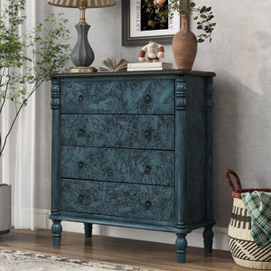 English Elm Farmhouse Four Drawer Chest with Pine Legs Oak Veneer Top Narrow Bedroom Storage Navy Blue W1202P484712
