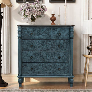 English Elm Farmhouse Four Drawer Chest with Pine Legs Oak Veneer Top Narrow Bedroom Storage Navy Blue W1202P484712