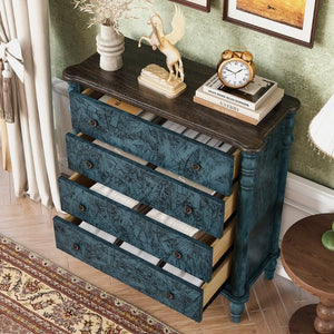English Elm Farmhouse Four Drawer Chest with Pine Legs Oak Veneer Top Narrow Bedroom Storage Navy Blue W1202P484712