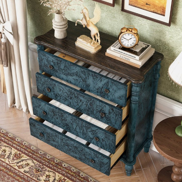 English Elm Farmhouse Four Drawer Chest with Pine Legs Oak Veneer Top Narrow Bedroom Storage Navy Blue W1202P484712