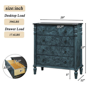 English Elm Farmhouse Four Drawer Chest with Pine Legs Oak Veneer Top Narrow Bedroom Storage Navy Blue W1202P484712