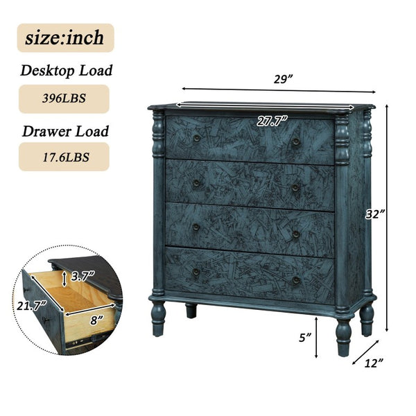 English Elm Farmhouse Four Drawer Chest with Pine Legs Oak Veneer Top Narrow Bedroom Storage Navy Blue W1202P484712