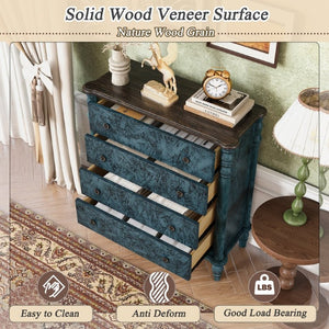 English Elm Farmhouse Four Drawer Chest with Pine Legs Oak Veneer Top Narrow Bedroom Storage Navy Blue W1202P484712