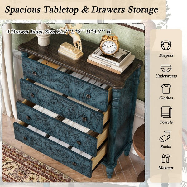English Elm Farmhouse Four Drawer Chest with Pine Legs Oak Veneer Top Narrow Bedroom Storage Navy Blue W1202P484712