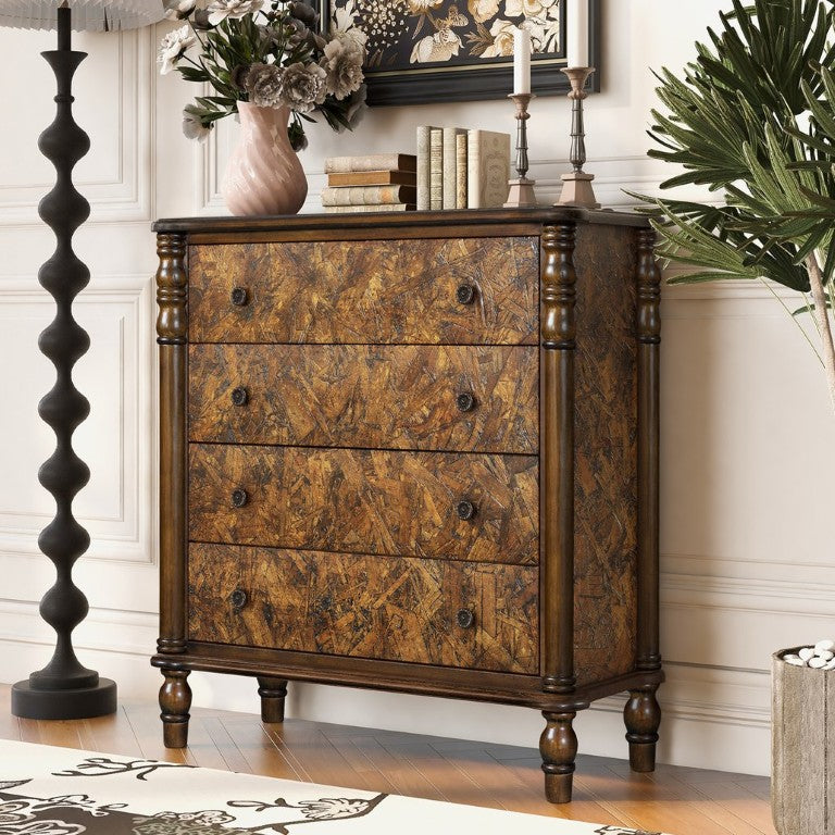 English Elm Farmhouse Oak Veneer 4 Drawer Narrow Dresser with Pine Legs for Bedroom or Hallway W1202P484714