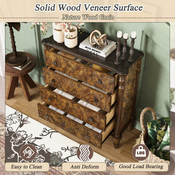 English Elm Farmhouse Oak Veneer 4 Drawer Narrow Dresser with Pine Legs for Bedroom or Hallway W1202P484714