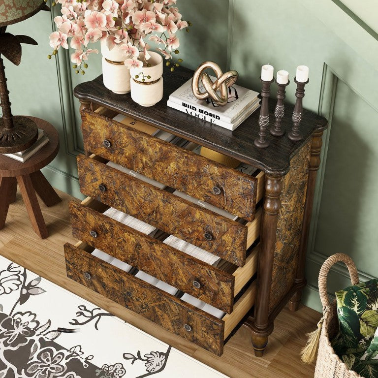English Elm Farmhouse Oak Veneer 4 Drawer Narrow Dresser with Pine Legs for Bedroom or Hallway W1202P484714