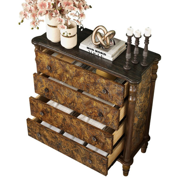 English Elm Farmhouse Oak Veneer 4 Drawer Narrow Dresser with Pine Legs for Bedroom or Hallway W1202P484714