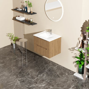 English Elm Goodyo Floating Bathroom Vanity Walnut Grain Mdf Cabinet with Ceramic Basin Sink W1223S00012