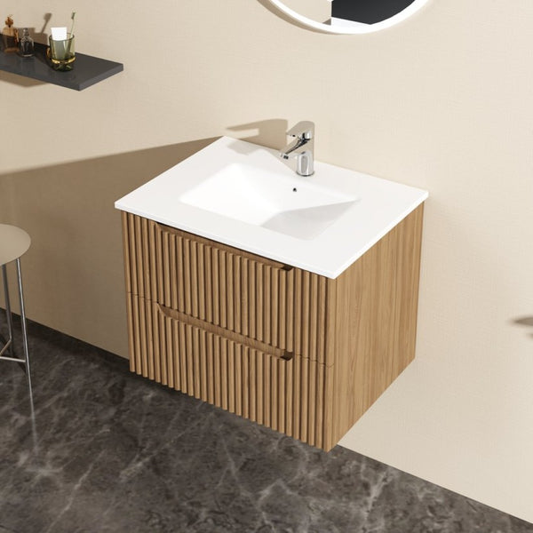 English Elm Goodyo Floating Bathroom Vanity Walnut Grain Mdf Cabinet with Ceramic Basin Sink W1223S00012