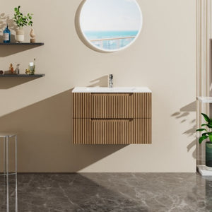 English Elm 30 Inch Floating Bathroom Vanity Walnut Finish Ceramic Sink Soft Close Drawers W1223S00026
