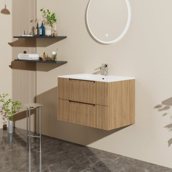 English Elm 30 Inch Floating Bathroom Vanity Walnut Finish Ceramic Sink Soft Close Drawers W1223S00026