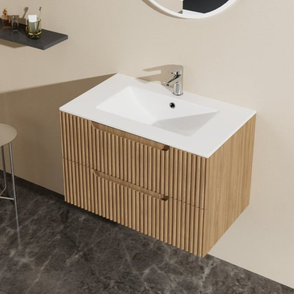 English Elm 30 Inch Floating Bathroom Vanity Walnut Finish Ceramic Sink Soft Close Drawers W1223S00026