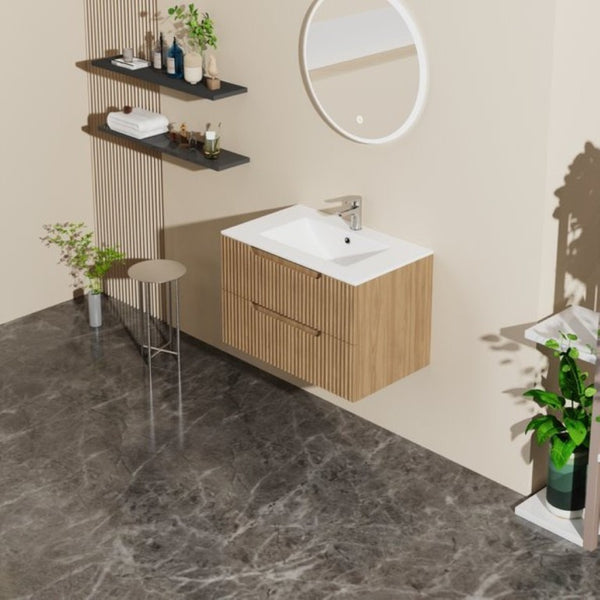 English Elm 30 Inch Floating Bathroom Vanity Walnut Finish Ceramic Sink Soft Close Drawers W1223S00026