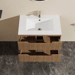 English Elm 30 Inch Floating Bathroom Vanity Walnut Finish Ceramic Sink Soft Close Drawers W1223S00026