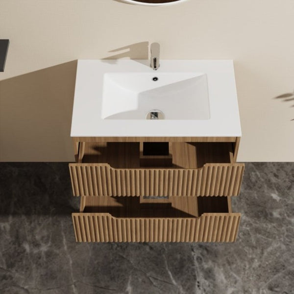 English Elm 30 Inch Floating Bathroom Vanity Walnut Finish Ceramic Sink Soft Close Drawers W1223S00026