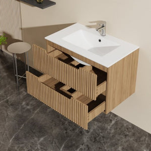 English Elm 30 Inch Floating Bathroom Vanity Walnut Finish Ceramic Sink Soft Close Drawers W1223S00026