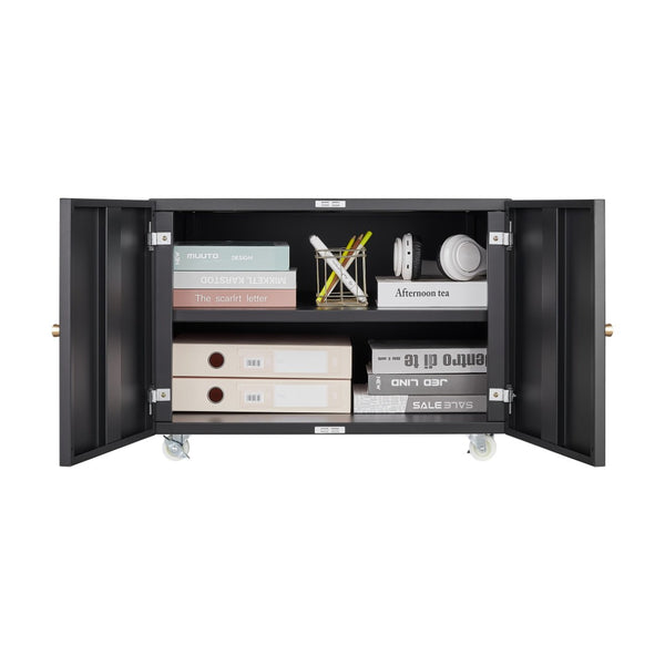 English Elm Black Powder-coated Steel Rolling Cabinet with Locking Casters and Adjustable Shelving W1247131618