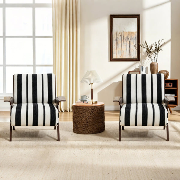 English Elm Modern Striped Linen Accent Chair Solid Wood Frame High Density Foam Reading Seat W1249P479891
