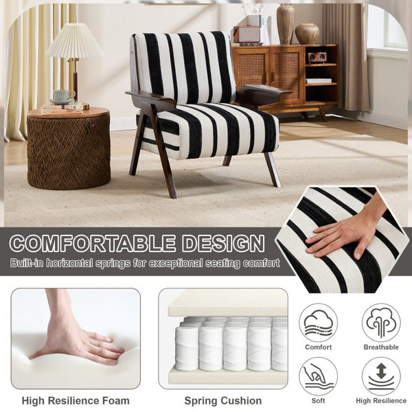 English Elm Modern Striped Linen Accent Chair Solid Wood Frame High Density Foam Reading Seat W1249P479891