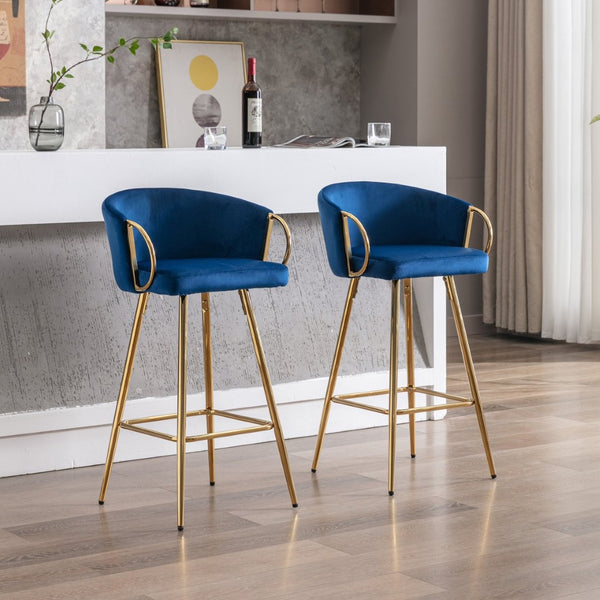 English Elm 30 Inch Velvet Barstools Set of 2 with Gold Legs Chrome Footrest Glam Kitchen Seating W1249P485231
