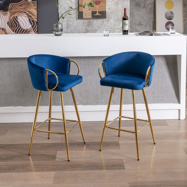 English Elm 30 Inch Velvet Barstools Set of 2 with Gold Legs Chrome Footrest Glam Kitchen Seating W1249P485231