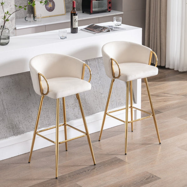 English Elm 30 Inch Velvet Barstools Set of 2 with Gold Legs and Chrome Footrest for Kitchen Island W1249P485234
