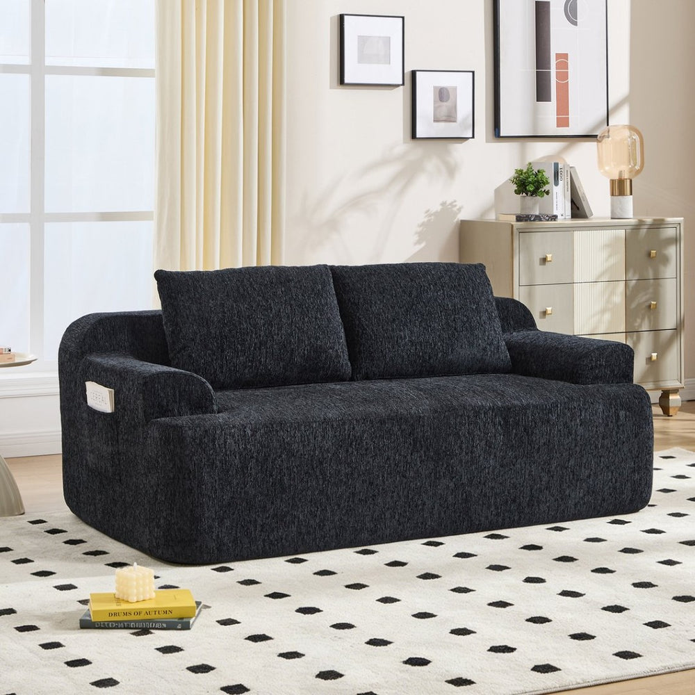 English Elm 67-inch Corduroy Floor Sofa Memory Foam Frameless Lounge with Side Storage Pockets Black W1249P505837