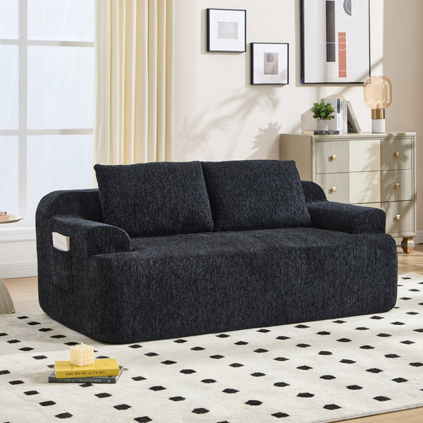 English Elm 67-inch Corduroy Floor Sofa Memory Foam Frameless Lounge with Side Storage Pockets Black W1249P505837