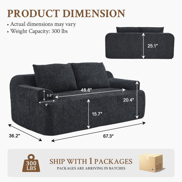 English Elm 67-inch Corduroy Floor Sofa Memory Foam Frameless Lounge with Side Storage Pockets Black W1249P505837