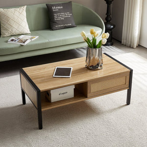 English Elm 40.16" Woven Rattan Coffee Table with Sliding Storage Door Tapered Metal Legs Boho Living W1265121739