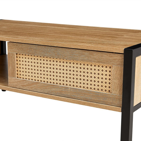 English Elm 40.16" Woven Rattan Coffee Table with Sliding Storage Door Tapered Metal Legs Boho Living W1265121739