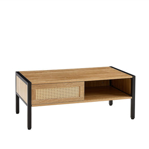 English Elm 40.16" Woven Rattan Coffee Table with Sliding Storage Door Tapered Metal Legs Boho Living W1265121739