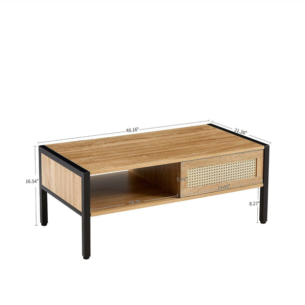 English Elm 40.16" Woven Rattan Coffee Table with Sliding Storage Door Tapered Metal Legs Boho Living W1265121739