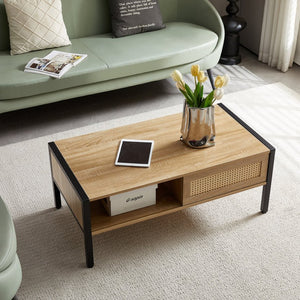 English Elm 40.16" Woven Rattan Coffee Table with Sliding Storage Door Tapered Metal Legs Boho Living W1265121739
