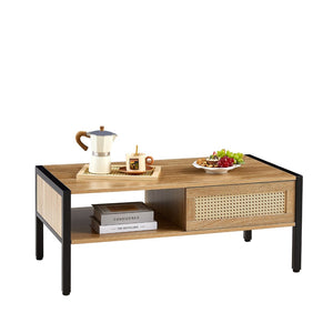 English Elm 40.16" Woven Rattan Coffee Table with Sliding Storage Door Tapered Metal Legs Boho Living W1265121739