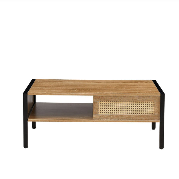 English Elm 40.16" Woven Rattan Coffee Table with Sliding Storage Door Tapered Metal Legs Boho Living W1265121739