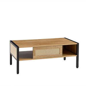 English Elm 40.16" Woven Rattan Coffee Table with Sliding Storage Door Tapered Metal Legs Boho Living W1265121739