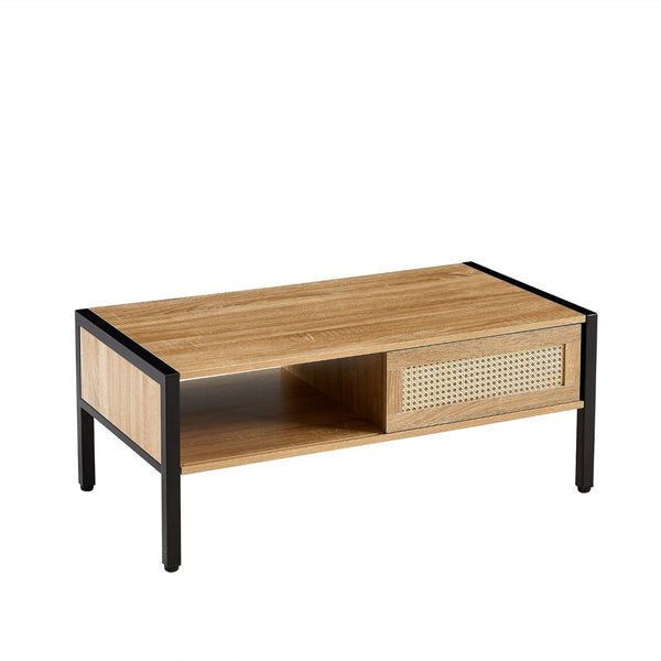 English Elm 40.16" Woven Rattan Coffee Table with Sliding Storage Door Tapered Metal Legs Boho Living W1265121739