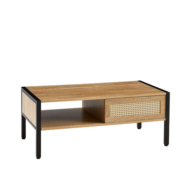 English Elm 40.16" Woven Rattan Coffee Table with Sliding Storage Door Tapered Metal Legs Boho Living W1265121739