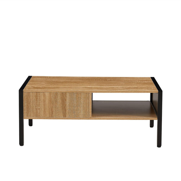 English Elm 40.16" Woven Rattan Coffee Table with Sliding Storage Door Tapered Metal Legs Boho Living W1265121739