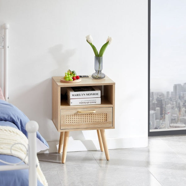 English Elm 15.75 Inch Woven Rattan End Table with USB Charging Solid Wood Legs Boho Bedside W126573116