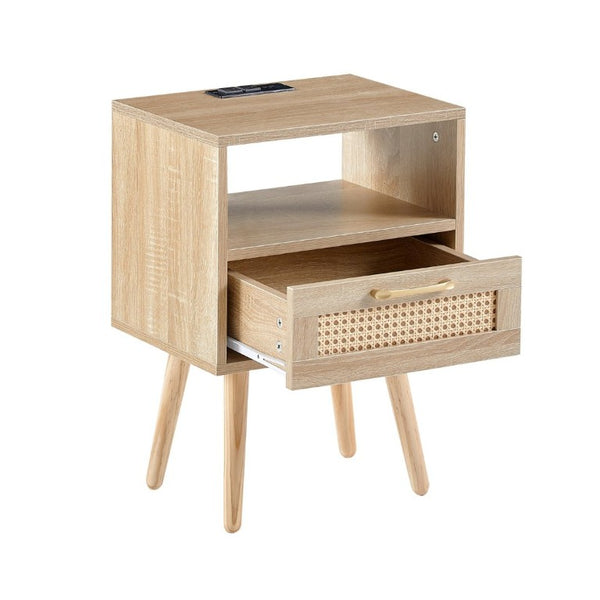 English Elm 15.75 Inch Woven Rattan End Table with USB Charging Solid Wood Legs Boho Bedside W126573116
