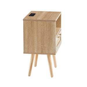 English Elm 15.75 Inch Woven Rattan End Table with USB Charging Solid Wood Legs Boho Bedside W126573116